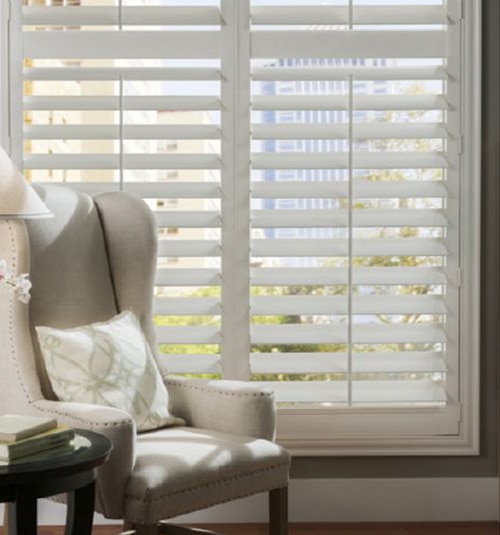 Faux Wood Shutter shown with Center Divider Rail