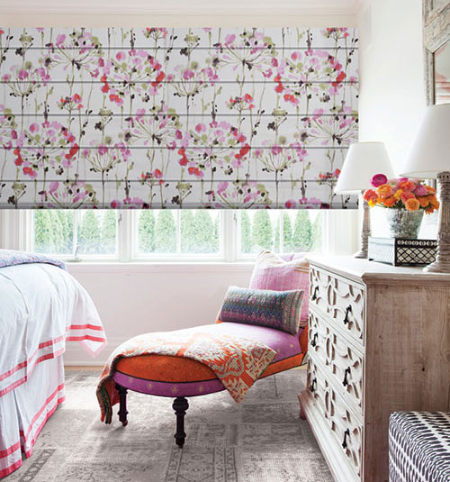 Blindsgalore Designer Roman Shades: Plain Fold shown in Wildflower: Pink Thistle