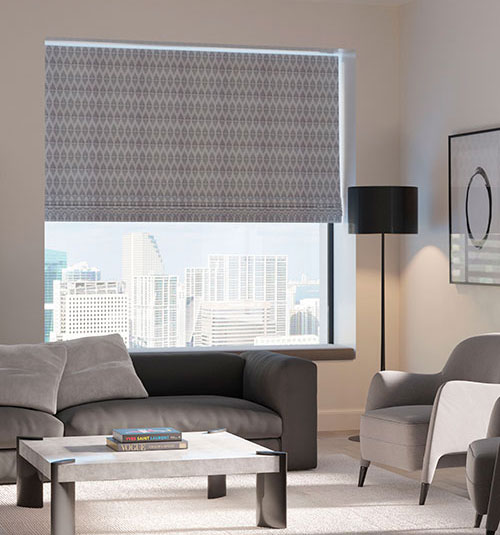 Blindsgalore Designer Roman Shades Shown in Rhombal: Jetline