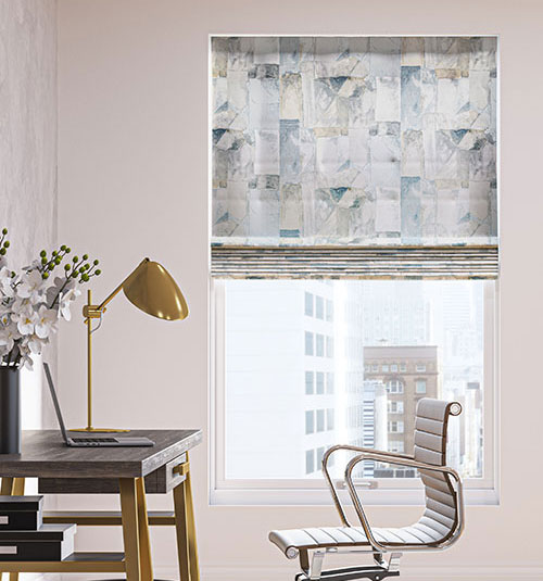 Blindsgalore Designer Roman Shades: Flat Fold Shown in Nouveau: Cool Pewter