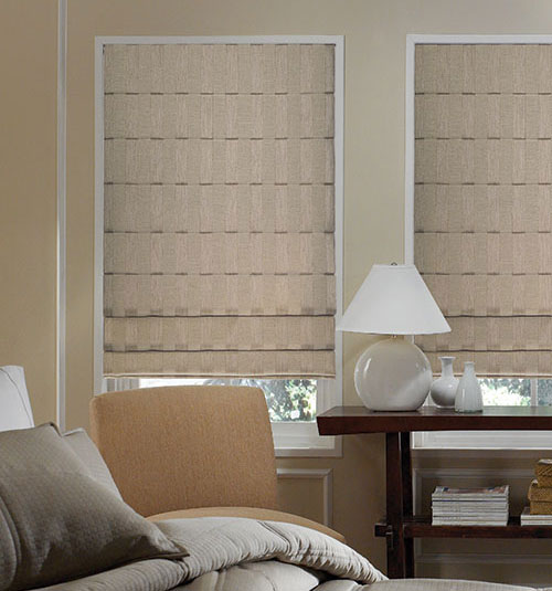 Blindsgalore Designer Roman Shades: Plain Fold shown in Subtle Stripe: Beige
