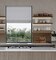 Open shelving and rangetop island in minimalism designed kitchen with blackout gray pattern cordless roman shades 