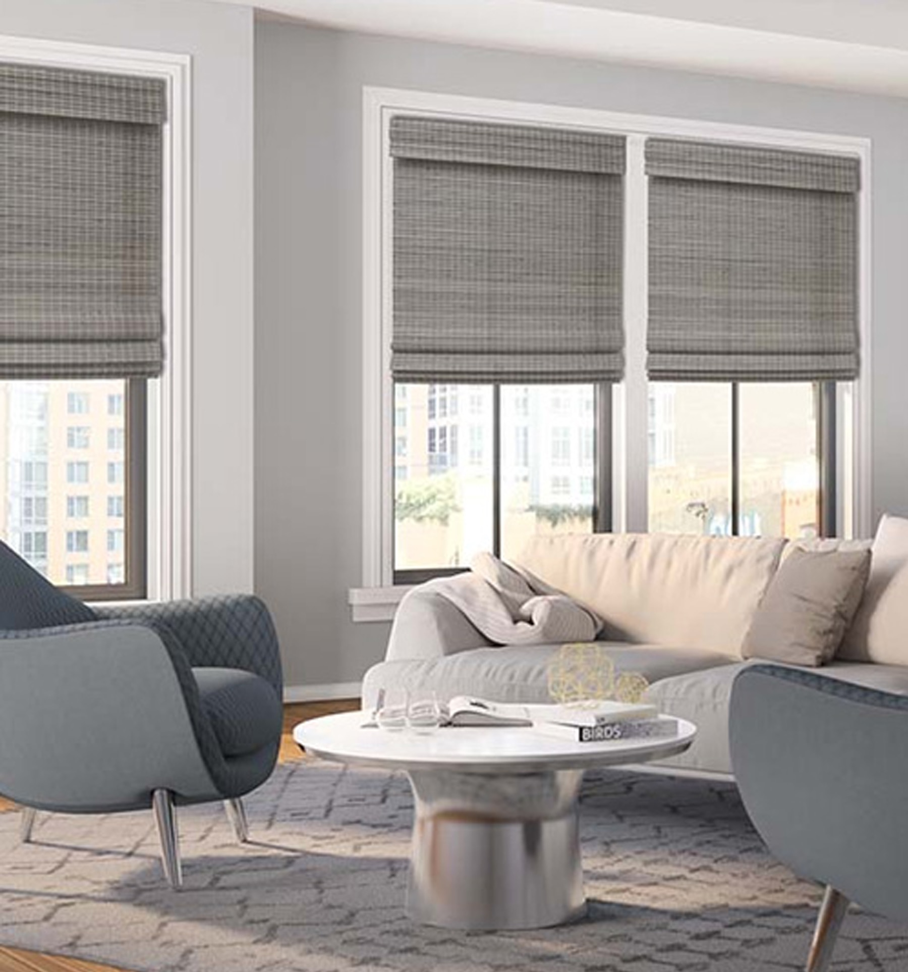 Blindsgalore Essential Woven Wood Shades shown in Bedrock