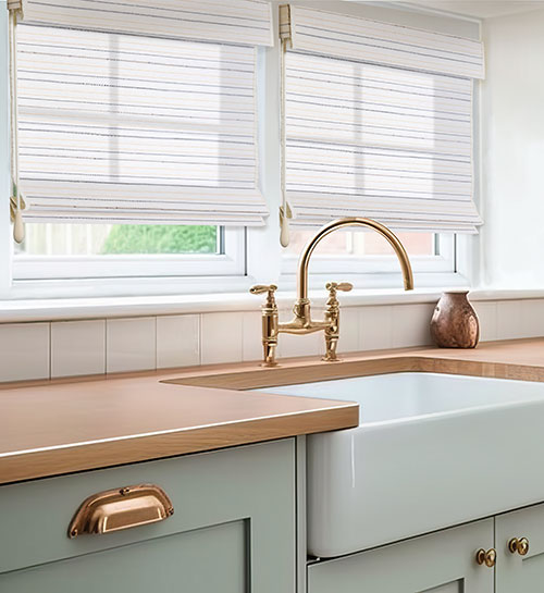Boutique Serenity Natural Woven Shades shown in Ayo Seaside