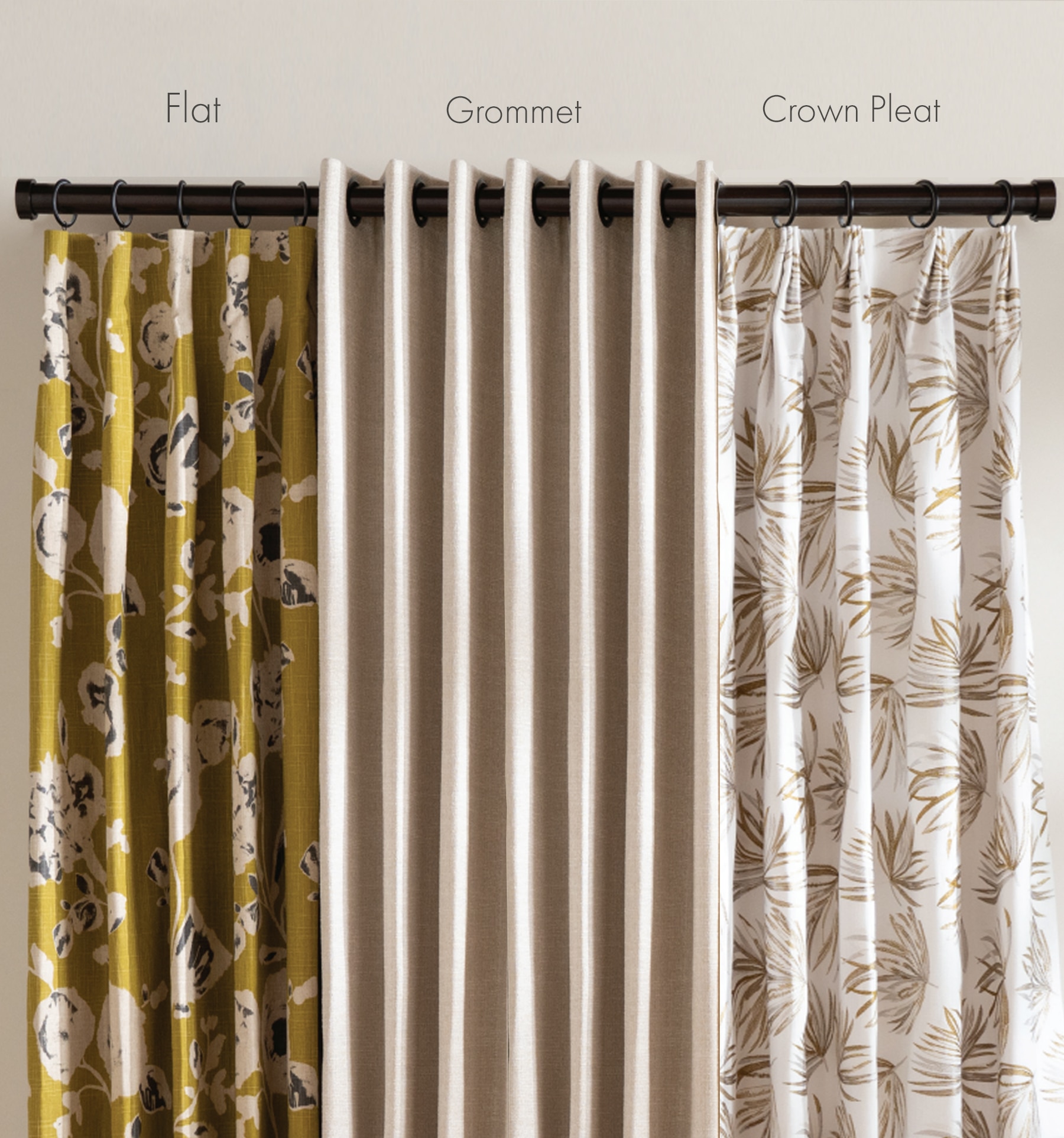 Comparison of different drapery headers. Left to right; Flat, Grommet and Crown Pleat.