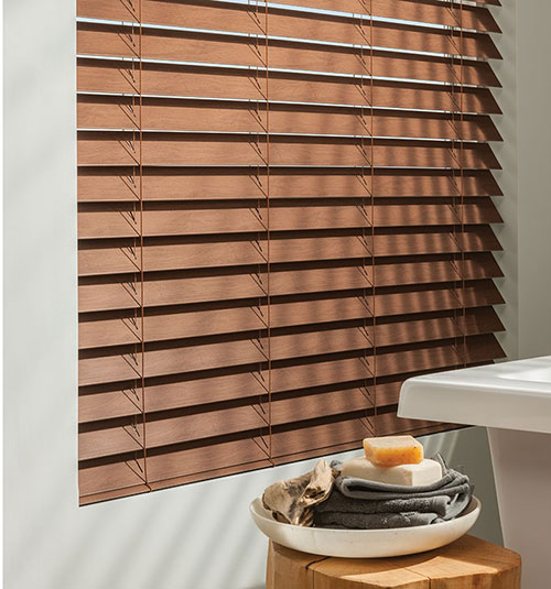 Boutique 2&quot; Faux Wood Blinds shown in Pau Ferro Close Up