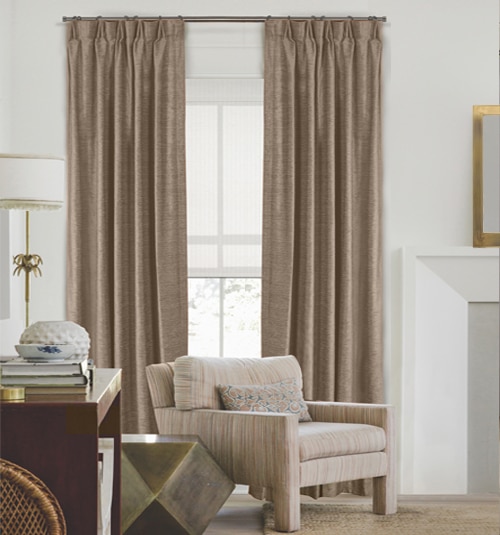 Blackout lined panels Shown in Deco Weave Camel